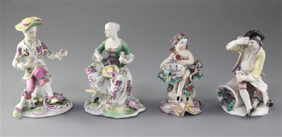 A pair of Derby Pale Family figures of a seated gentleman and a lady, c.1755-58 and two Bow figures, Bow figures with faults (4)